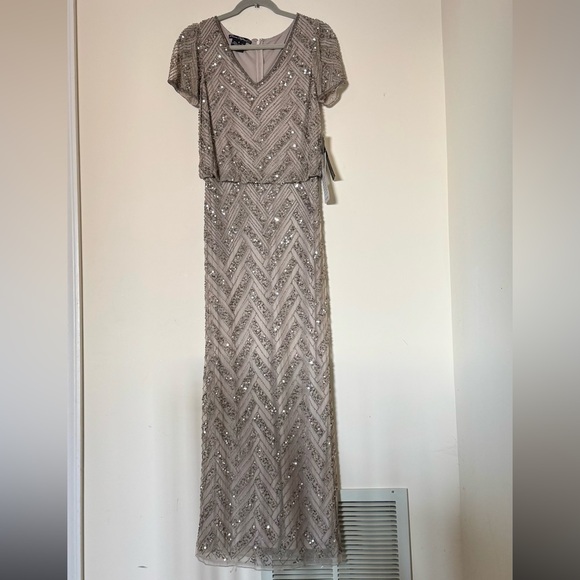 NWT Pisarro Nights Sequin Beaded Silver Maxi Long Dress Size 6